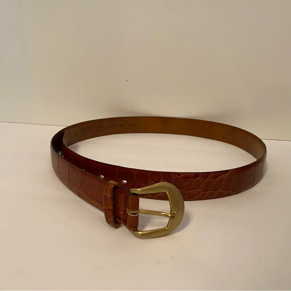 USA MADE MENS BELT BROWN CROC LOOK LEATHER IMPORTED PIG GOLD TONE BUCKLE 38